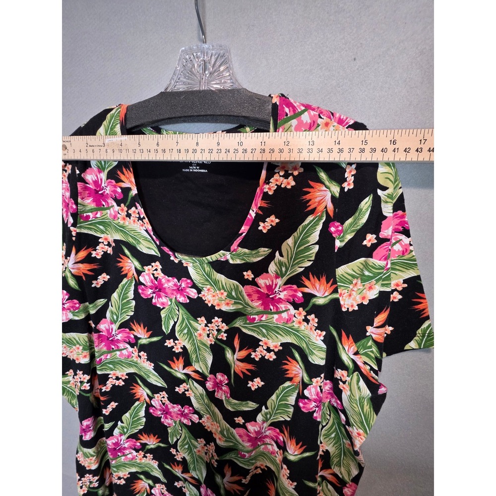 Catherines Tropical Floral Hibiscus Scoop Neck Top Black Pink 0X 14/16W - Picture 5 of 9
